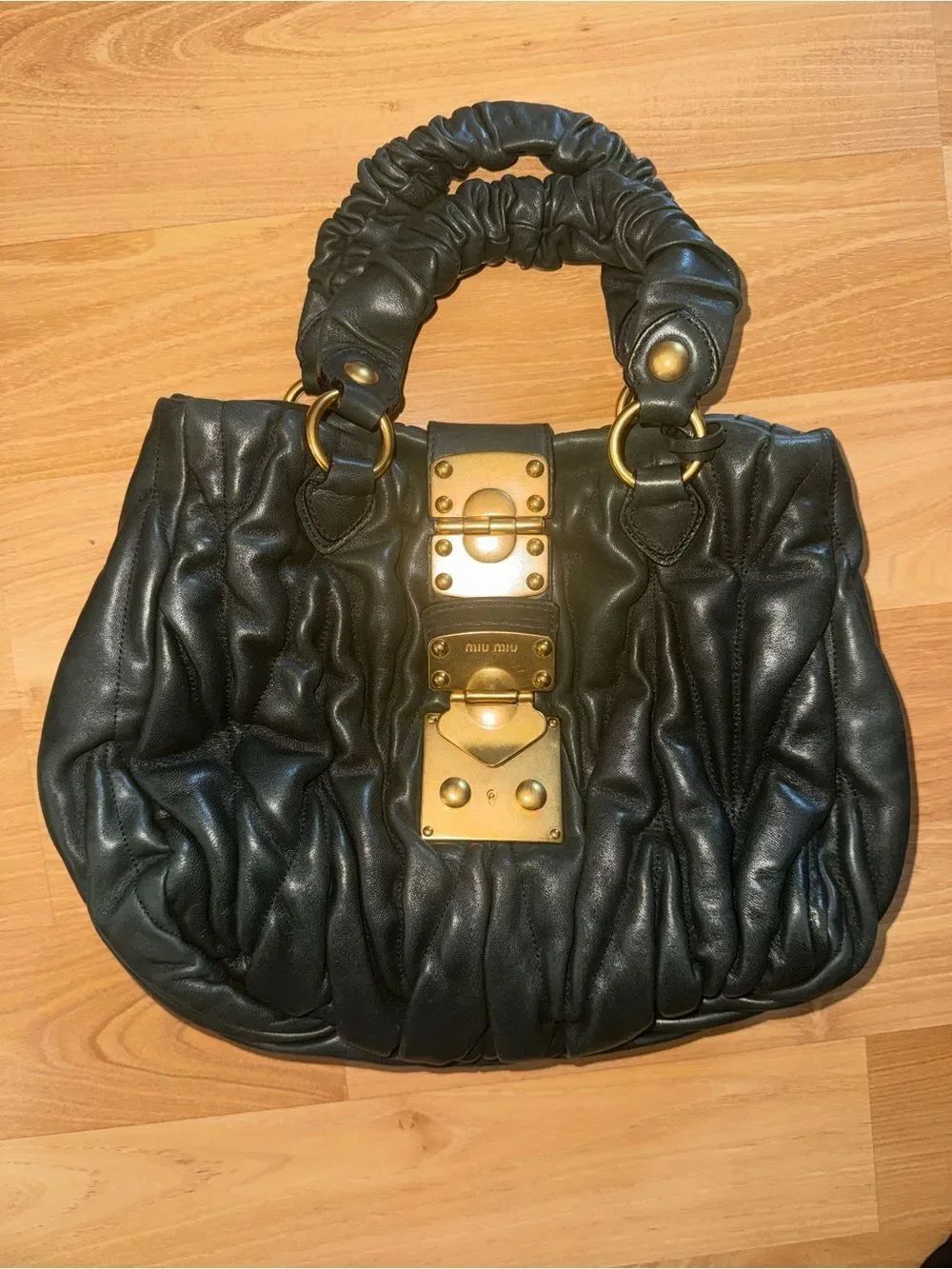 Miu Miu Matelasse Black Leather Ruched Shoulder Bag with Gold Hardware